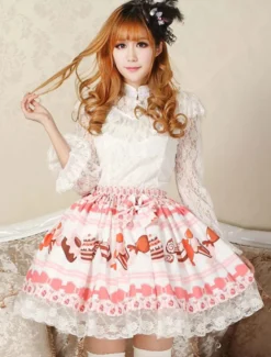 Toussaint Cospaly Costume Lolita douce Jupe rose courte imprimé gâteau crème glacée avec dentelle Déguisements Halloween