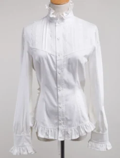 Toussaint Cospaly Costume Lolita blanc Blouse manches longues col haut volants en coton avec dentelle Déguisements Halloween