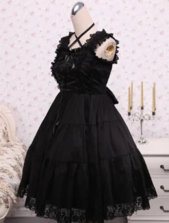 Toussaint Cospaly Costume Lolita Robe noire manches longues lacer Lace Trim boucles Déguisements