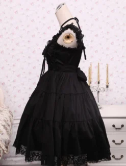 Toussaint Cospaly Costume Lolita Robe noire manches longues lacer Lace Trim boucles Déguisements