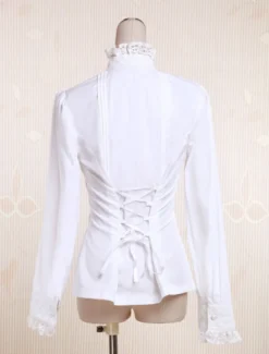 Toussaint Cosplay Lolita Blouse blanche manches longues en coton Stand collier dentelle garniture Lace Up Déguisements Halloween
