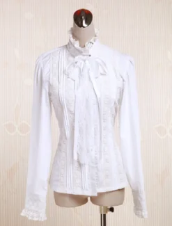 Toussaint Cosplay Lolita Blouse blanche manches longues en coton Stand collier dentelle garniture Lace Up Déguisements Halloween