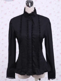 Toussaint Cosplay Lolita Blouse noire Stand col dentelle Ruffles garniture Déguisements Halloween