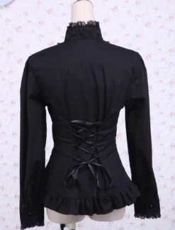 Toussaint Cosplay Lolita Blouse noire Stand col dentelle Ruffles garniture Déguisements Halloween