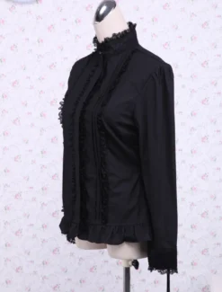 Toussaint Cosplay Lolita Blouse noire Stand col dentelle Ruffles garniture Déguisements Halloween
