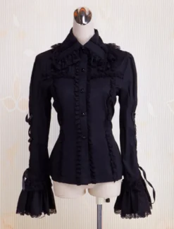 Toussaint Cosplay Lolita Blouse noire Hime longues en coton manches lacets Turn-down garniture de dentelle Déguisements Halloween