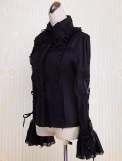 Toussaint Cosplay Lolita Blouse noire Hime longues en coton manches lacets Turn-down garniture de dentelle Déguisements Halloween