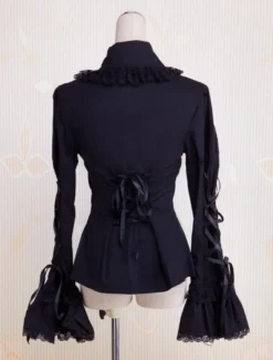 Toussaint Cosplay Lolita Blouse noire Hime longues en coton manches lacets Turn-down garniture de dentelle Déguisements Halloween