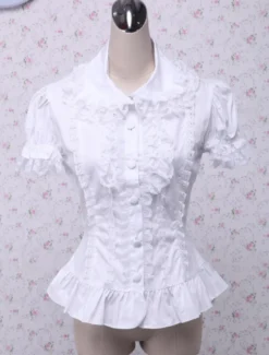 Toussaint Cosplay Lolita Chemisier blanc doux blouse manches courtes Turn-down garniture de dentelle Déguisements Halloween