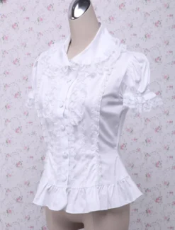 Toussaint Cosplay Lolita Chemisier blanc doux blouse manches courtes Turn-down garniture de dentelle Déguisements Halloween