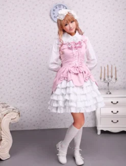 Toussaint Cosplay Lolita Jupe rose blanche douce encoton Lace Up volants couches arcs Déguisements Halloween