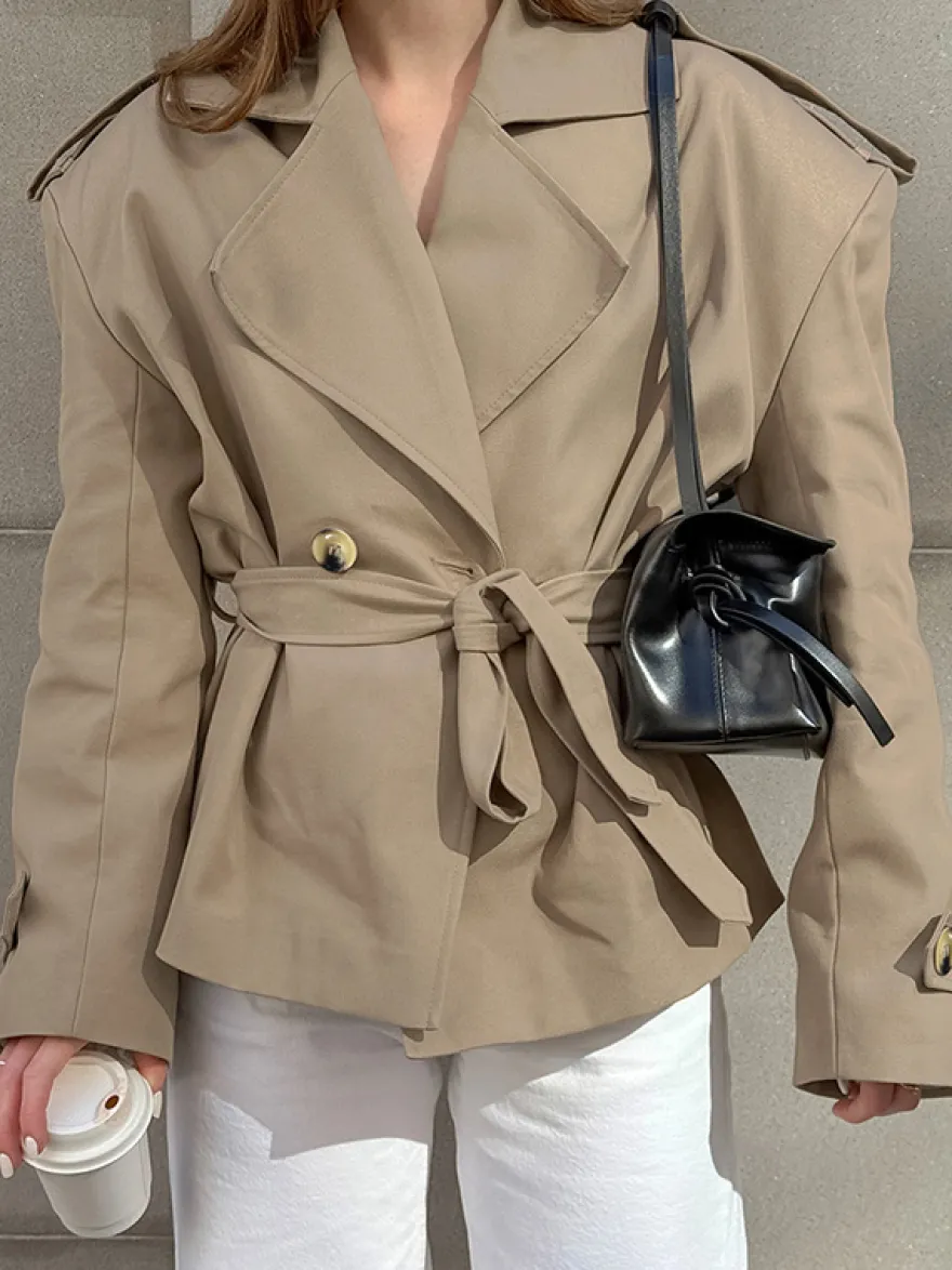 Trench-coat court kaki à ceinture pour femme - Veste croisée chic - Collection printemps 2026