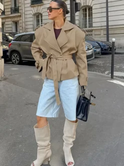 Trench-coat court kaki à ceinture pour femme - Veste croisée chic - Collection printemps 2026