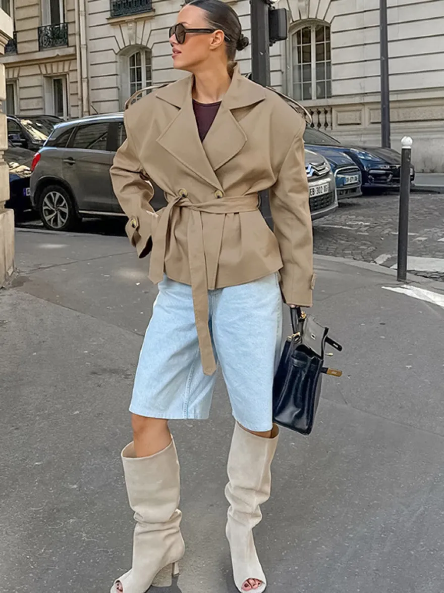 Trench-coat court kaki à ceinture pour femme - Veste croisée chic - Collection printemps 2026