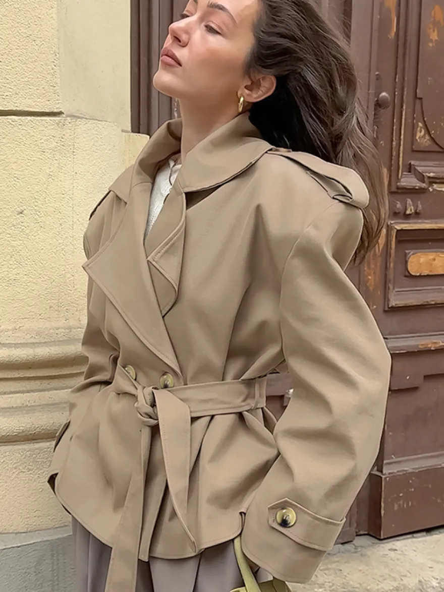 Trench-coat court kaki à ceinture pour femme - Veste croisée chic - Collection printemps 2026