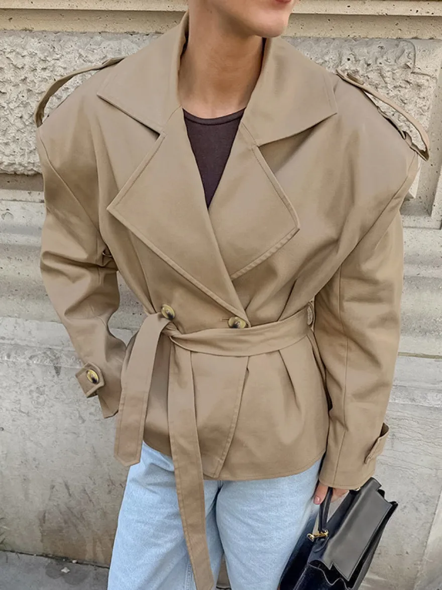 Trench-coat court kaki à ceinture pour femme - Veste croisée chic - Collection printemps 2026