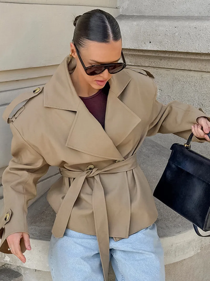 Trench-coat court kaki à ceinture pour femme - Veste croisée chic - Collection printemps 2026
