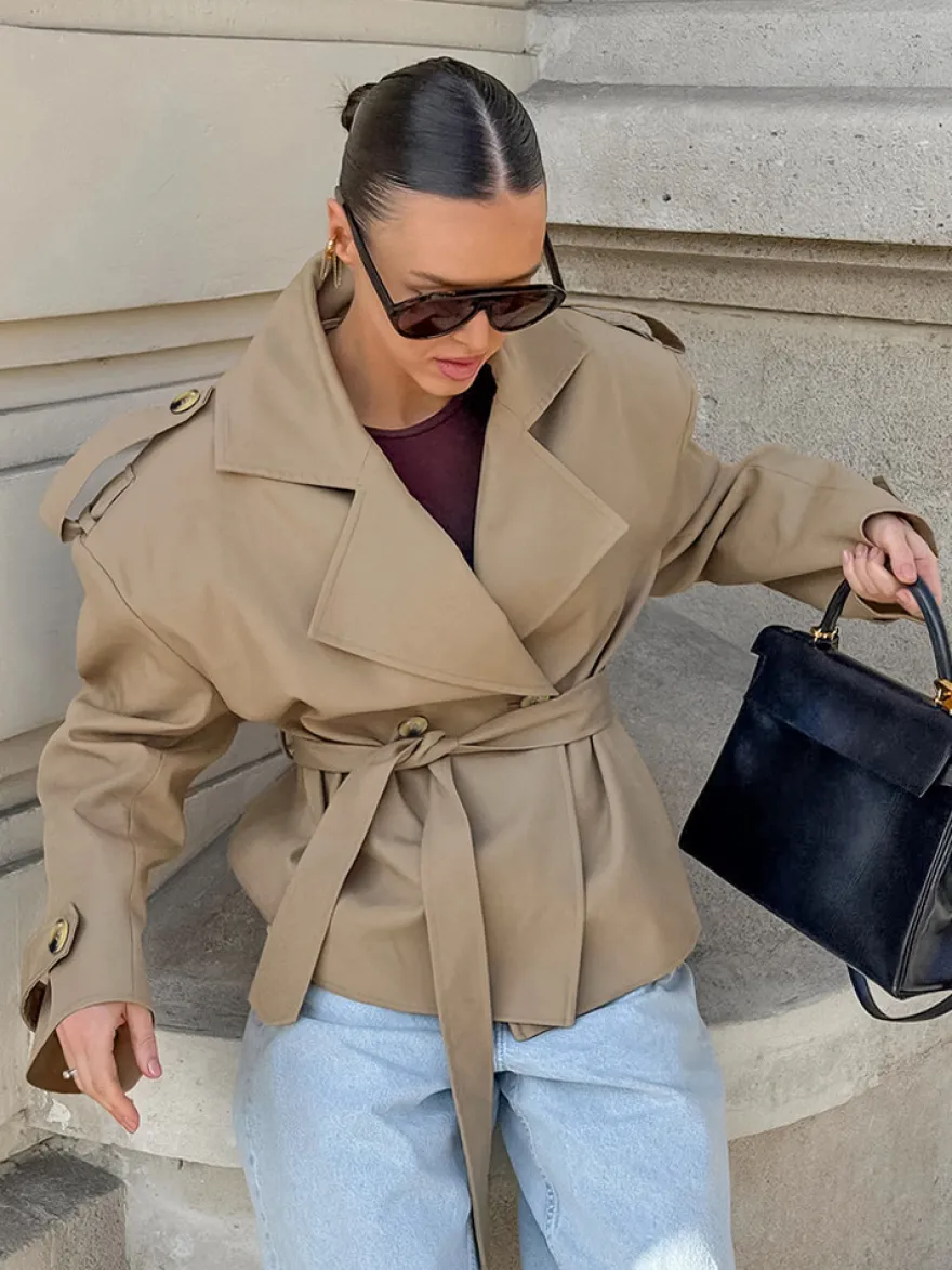 Trench-coat court kaki à ceinture pour femme - Veste croisée chic - Collection printemps 2026