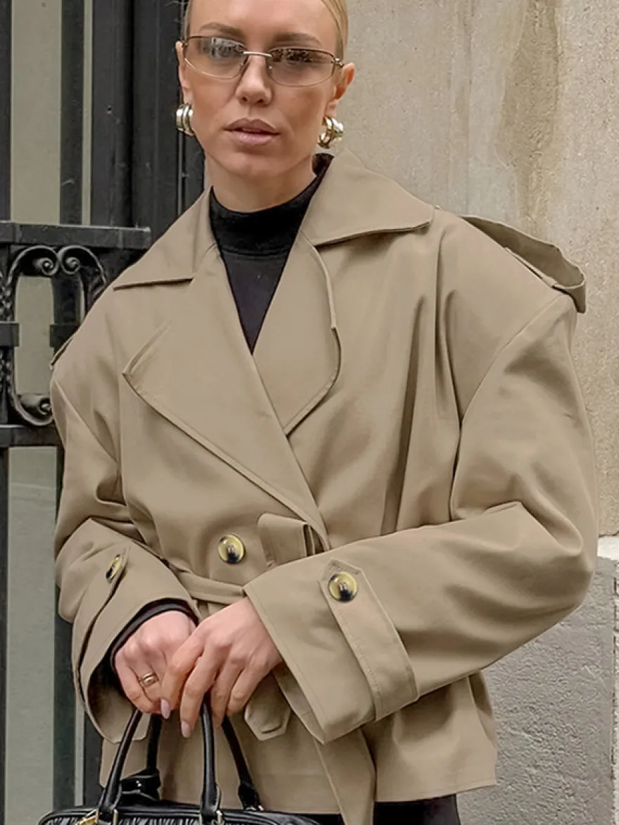 Trench-coat court kaki à ceinture pour femme - Veste croisée chic - Collection printemps 2026