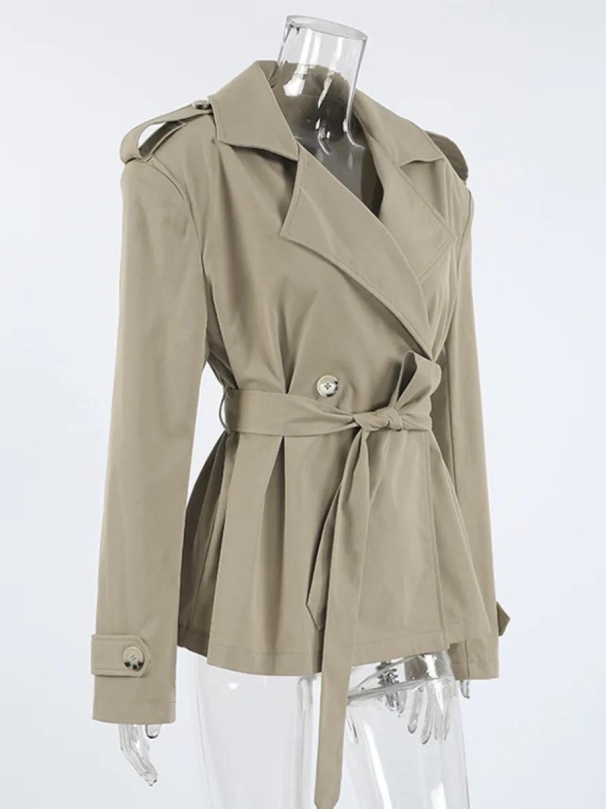 Trench-coat court kaki à ceinture pour femme - Veste croisée chic - Collection printemps 2026