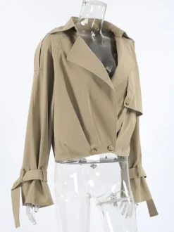 Trench-coat court kaki pour femme - Coupe-vent à manches lanternes et revers - Vêtements d'extérieur décontractés printemps 2026