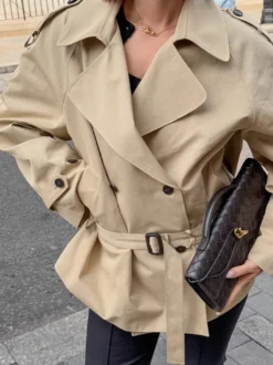 Trench-coat croisé pour femme - Coupe-vent court classique à revers et ceinture - Style streetwear décontracté et oversize printemps 2026