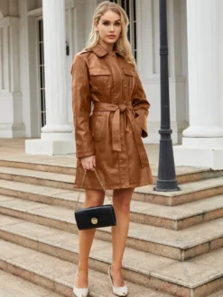 Trench-Coat en cuir PU col rabattu manches longues vêtements d'extérieur d'automne