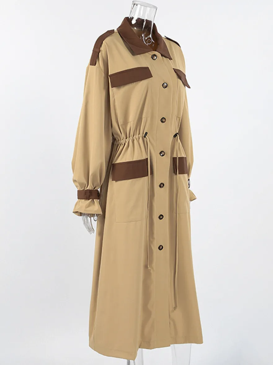 Trench-coat long Barn Color Block pour femme - Coupe longue utilitaire à cordon de serrage - Style safari idéal pour le printemps 2026