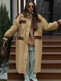 Trench-coat long Barn Color Block pour femme - Coupe longue utilitaire à cordon de serrage - Style safari idéal pour le printemps 2026
