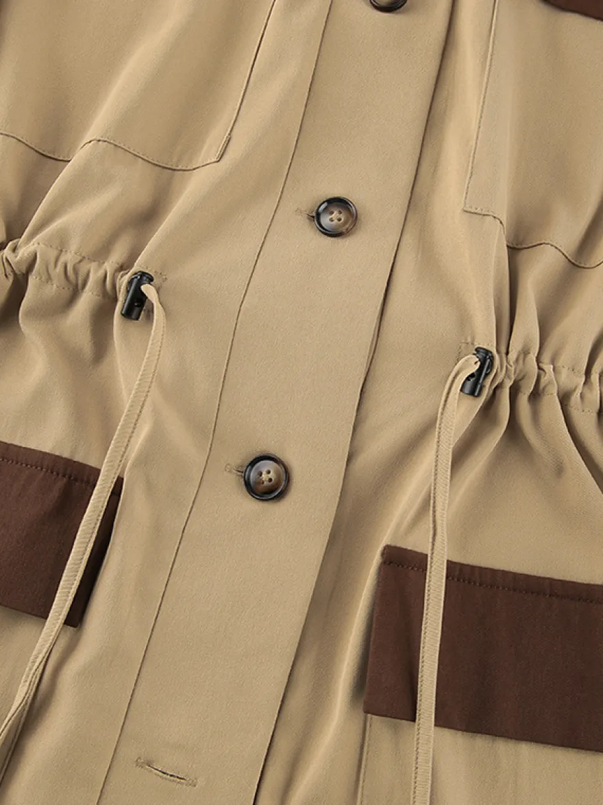Trench-coat long Barn Color Block pour femme - Coupe longue utilitaire à cordon de serrage - Style safari idéal pour le printemps 2026