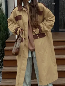 Trench-coat long Barn Color Block pour femme - Coupe longue utilitaire à cordon de serrage - Style safari idéal pour le printemps 2026