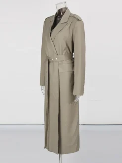 Trench-coat maxi kaki croisé à revers cranté et ceinture à manches longues
