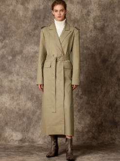 Trench-coat maxi kaki croisé à revers cranté et ceinture à manches longues