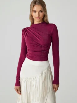 T-shirt basique pour femme à manches longues plissé à demi-col roulé Slim Fit Printemps Tops 2026