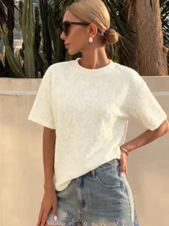 T-shirt à manches courtes abricot clair à col rond pour femme