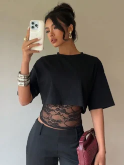 T-shirt à manches courtes en dentelle noire à col montant pour femme