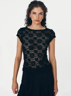 T-shirt à manches courtes noir à bretelles en dentelle et col montant pour femme - T-shirt d'été