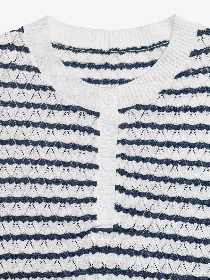 T-shirt à manches courtes rayures bleu marine foncé boutons col rond