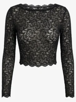 T-shirt à manches longues blanc en dentelle transparente avec col bijou pour femme