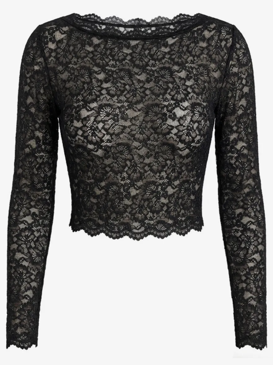 T-shirt à manches longues blanc en dentelle transparente avec col bijou pour femme