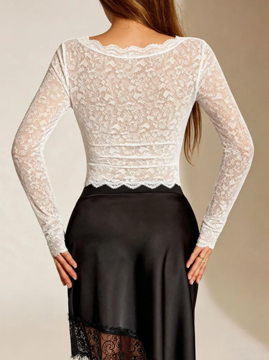 T-shirt à manches longues blanc en dentelle transparente avec col bijou pour femme