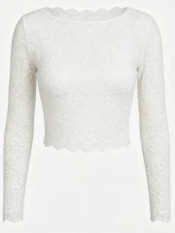 T-shirt à manches longues blanc en dentelle transparente avec col bijou pour femme