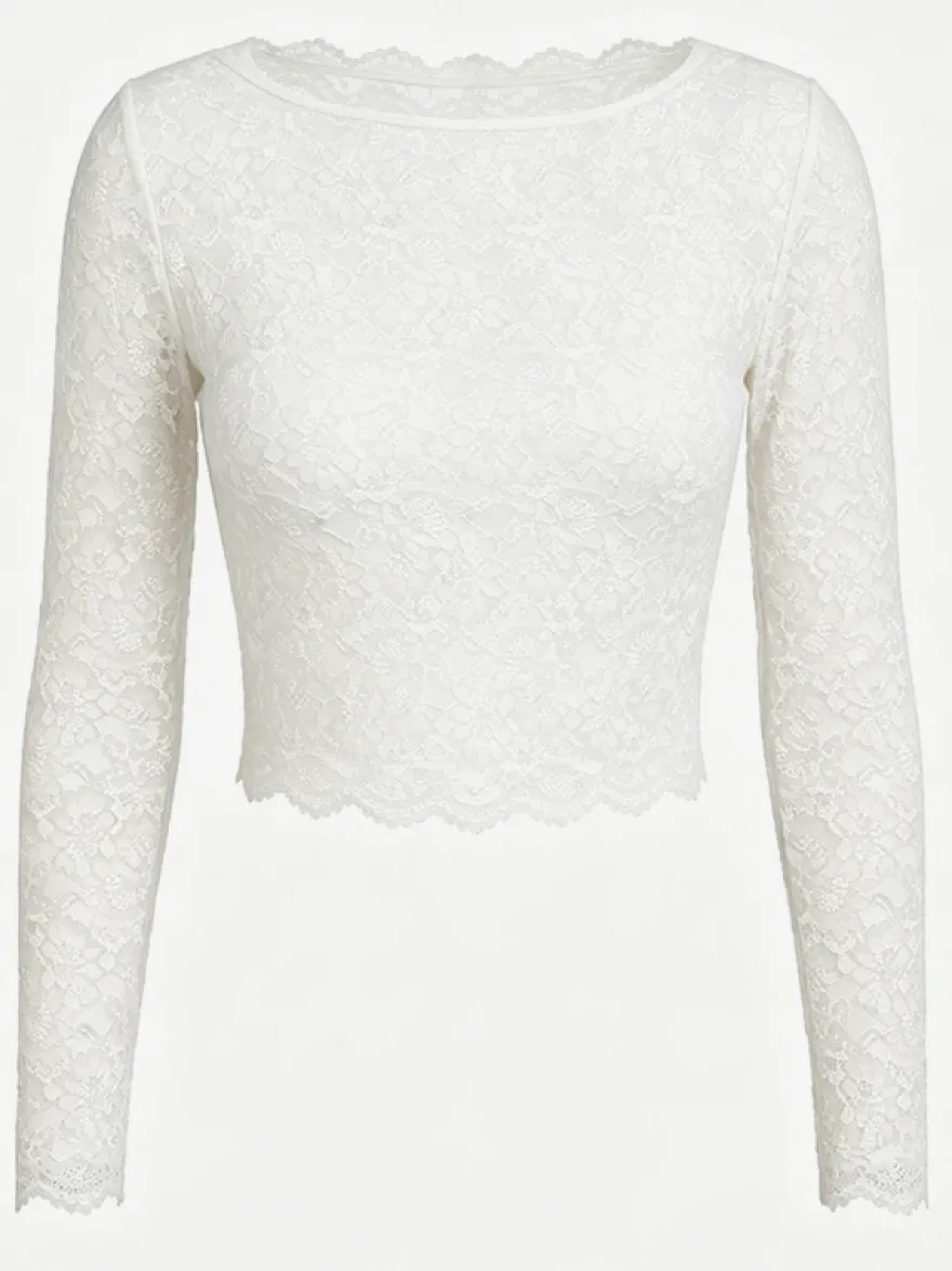 T-shirt à manches longues blanc en dentelle transparente avec col bijou pour femme