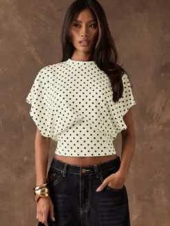 T-shirt à manches 3/4 rose à pois col rond pour femme