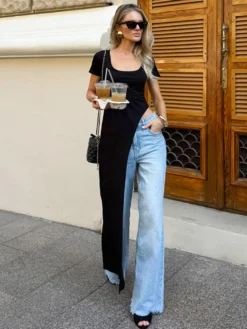 T-shirt noir à manches courtes et col en U pour femme