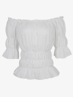 T-shirt noir à manches courtes plissé à épaules dénudées pour femme