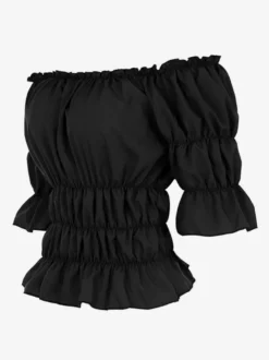 T-shirt noir à manches courtes plissé à épaules dénudées pour femme