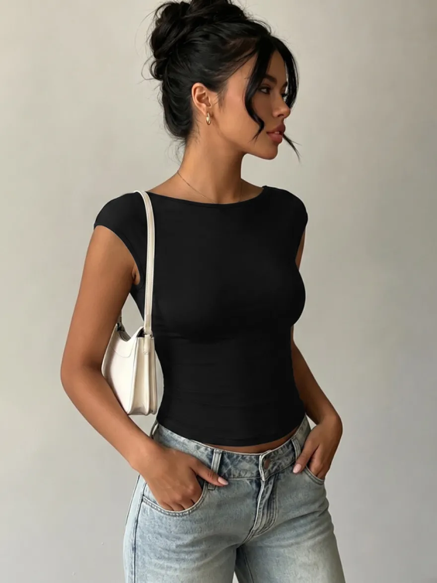 T-shirt sans manches noir dos nu en dentelle à col bateau pour femme