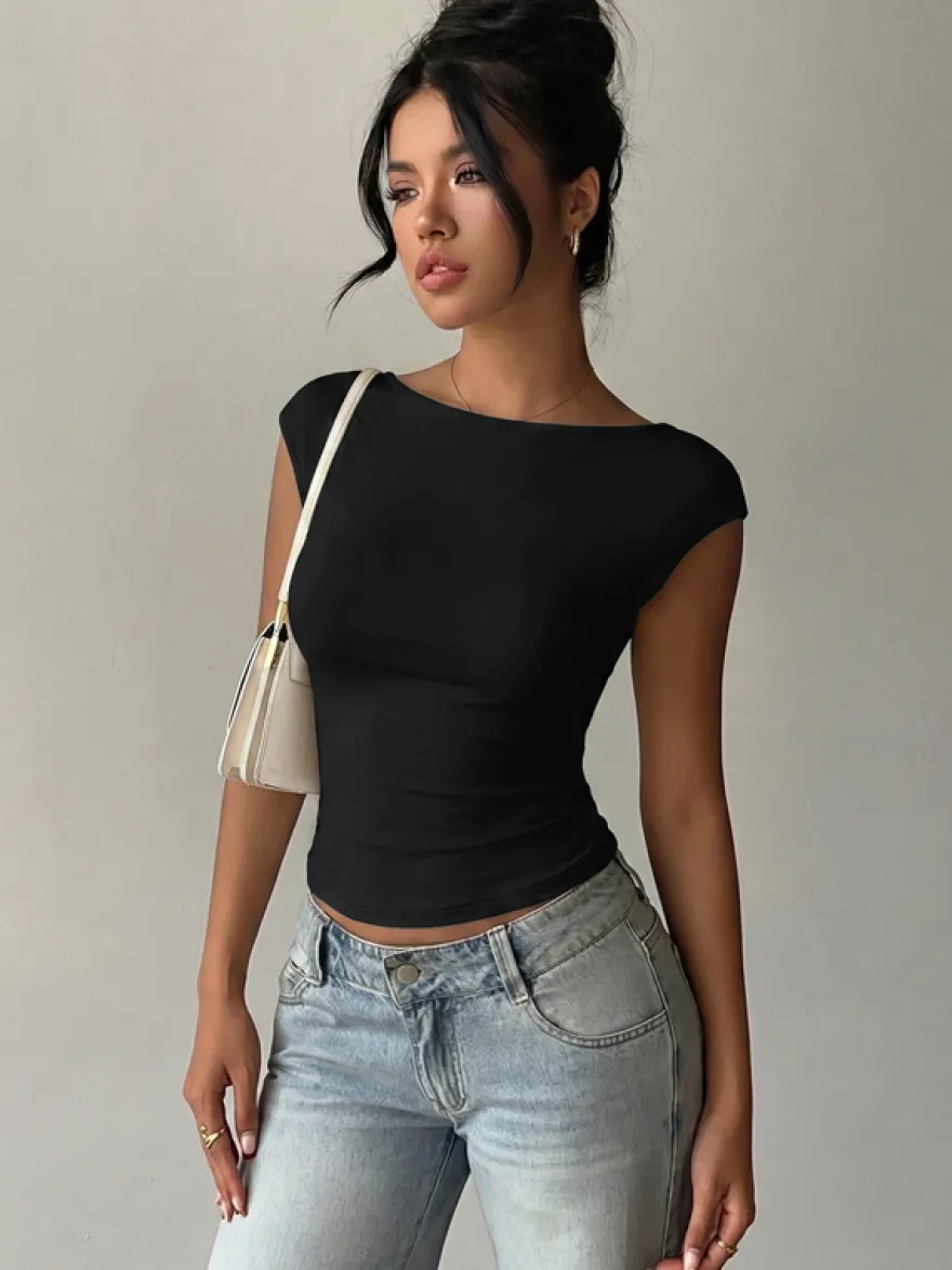 T-shirt sans manches noir dos nu en dentelle à col bateau pour femme