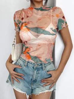 T-shirt slim à manches courtes et bordure en maille imprimée ange Cupidon pour femme 2026